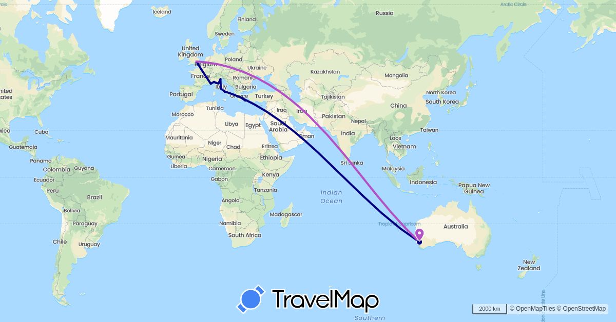 TravelMap itinerary: driving, train in Australia, France, United Kingdom, Greece, Italy (Europe, Oceania)